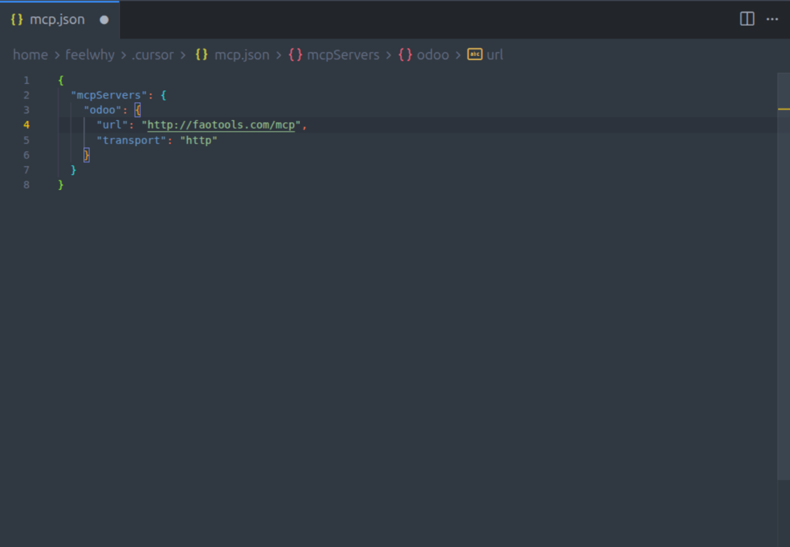 A code editor view of an mcp.json file showing the configuration for an Odoo MCP server, including the server URL and HTTP transport settings.